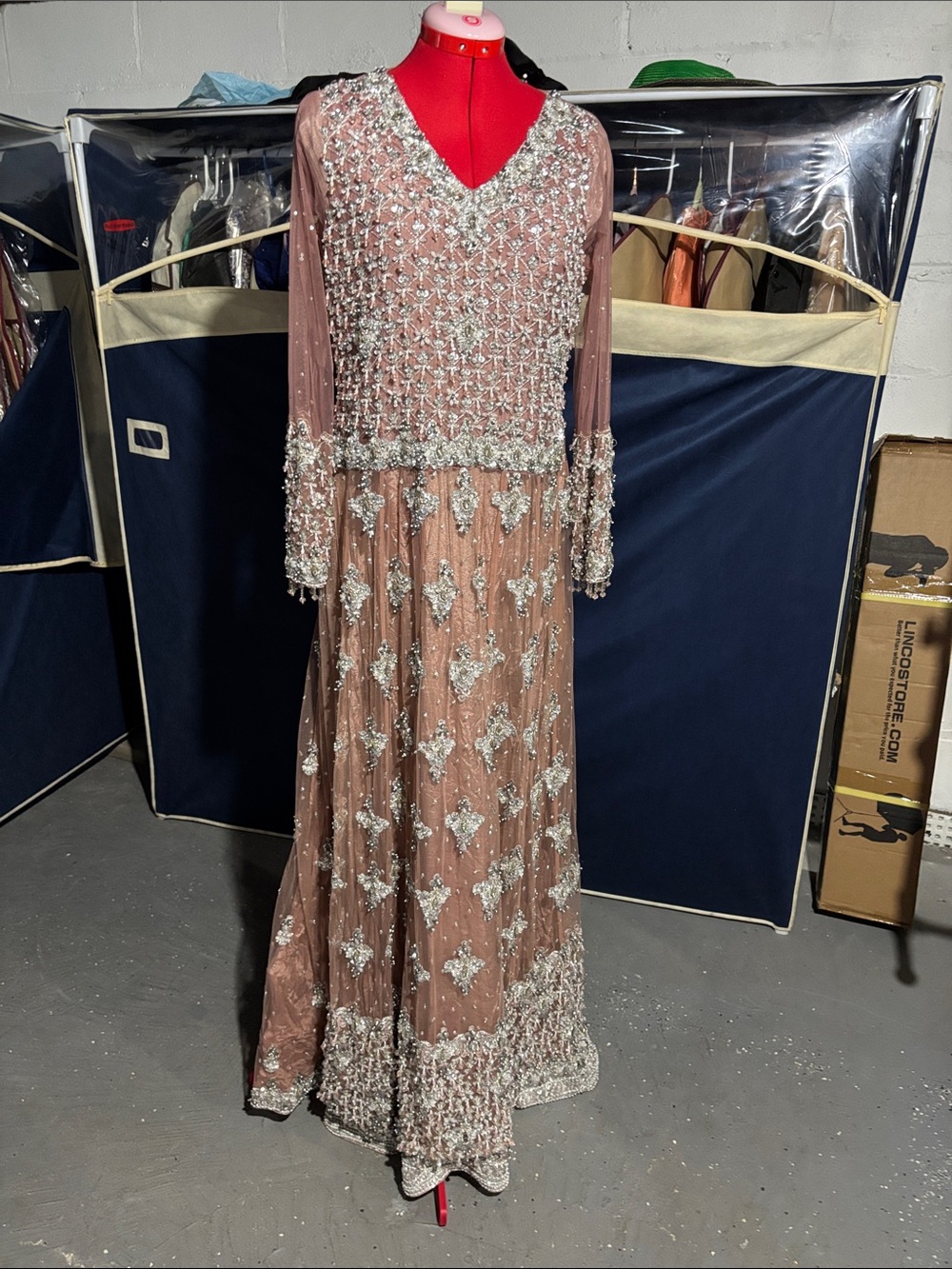 Embellished Long Sleeve V-Neck Evening Dress in Dusty Rose